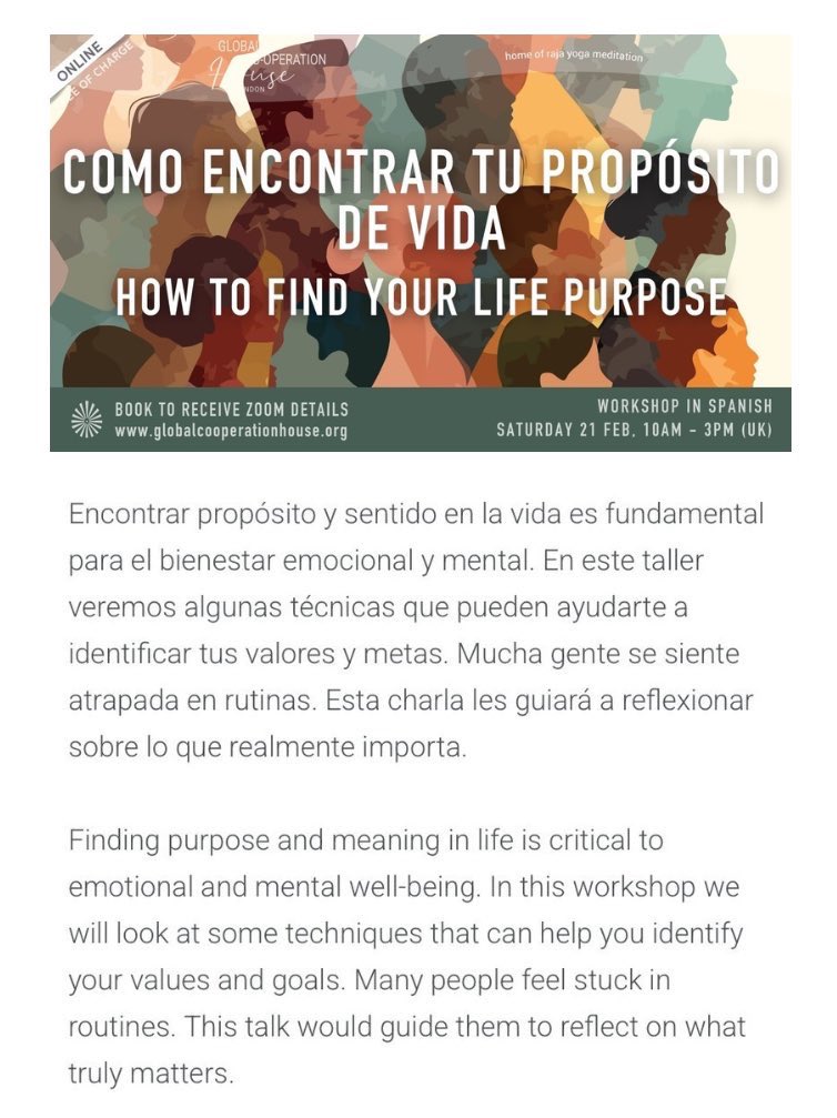 BKLondonGCH's tweet image. COMO ENCONTRAR TU PROPÓSITO
DE VIDA

How to find your life purpose: Workshop in #SPANISH

Saturday 21 February, 10am-3pm, Online 
Event 

Book to receive zoom link:  globalcooperationhouse.org/whatson-full/s…

#FreeEvent
#Meditation🧘🏾

globalcooperationhouse.org