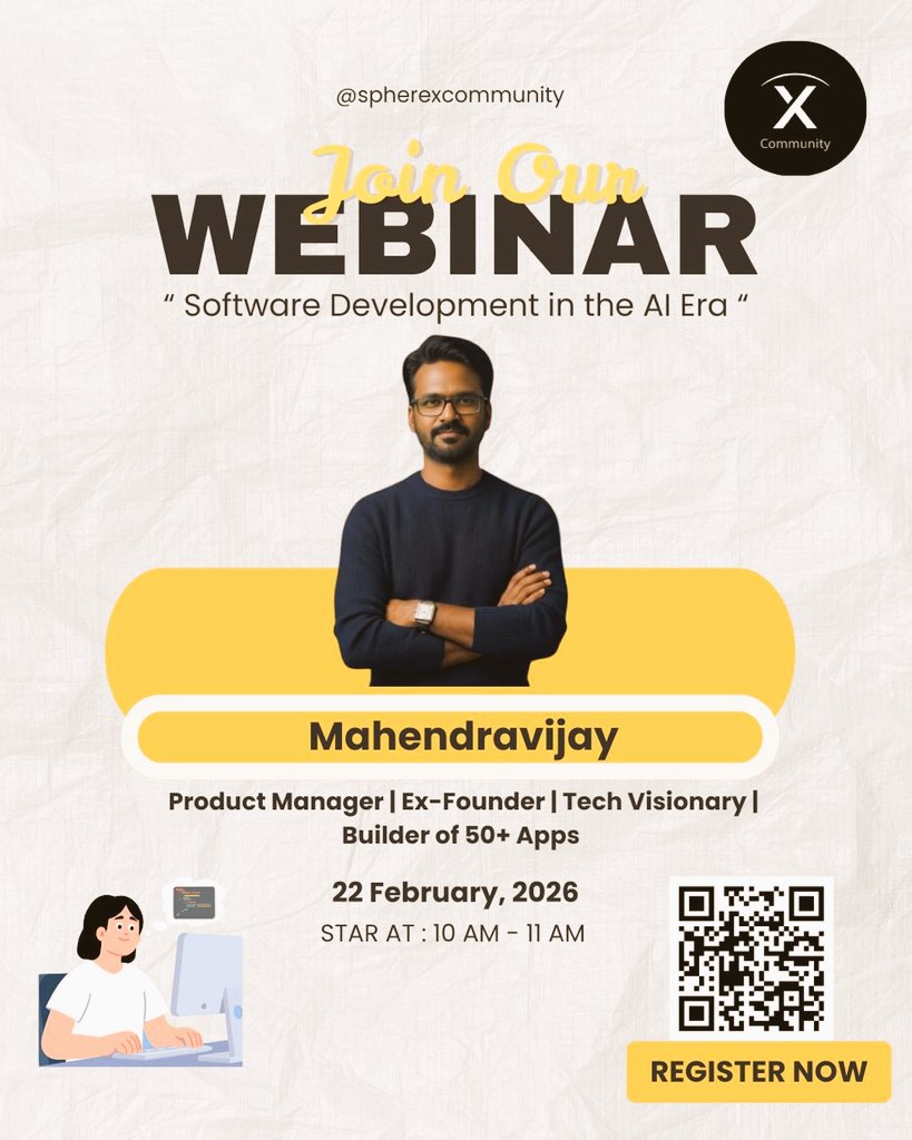 ArpitaDas1601's tweet photo. Last call! 🚀
Join "Software Development in the AI Era" with Mahendravijay, hosted by @SphereXGlobal! 🔔 22 Feb, 10 AM. Register now &amp; grab a cert! 👉https://t.co/azXPtZXHi9
Don't miss this amazing opportunity guys it's totally free of cost 
#SphereX #AI #Tech #LastCall https://t.co/W5ChI4U6qY