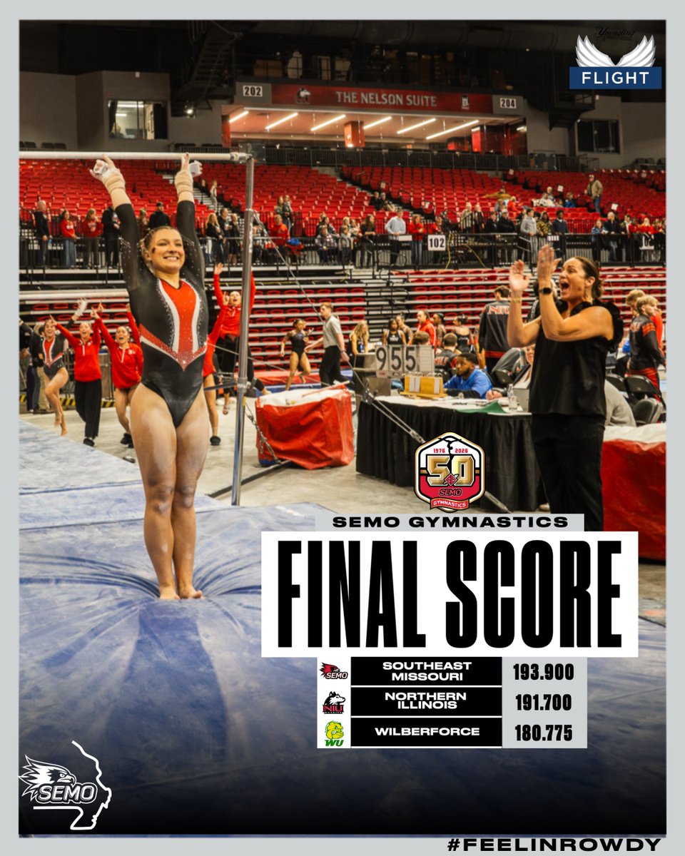 FINAL‼️

THE GYMHAWKS WIN 👏 👏 👏 SEMO picks up its third-straight meet victory with a 193.900 performance at Northern Illinois 😃 

Back in action next Friday, February 27, to take on Long Island in the final meet in Cape Girardeau of 2026! 

#FeelinRowdy x #NCAAGym