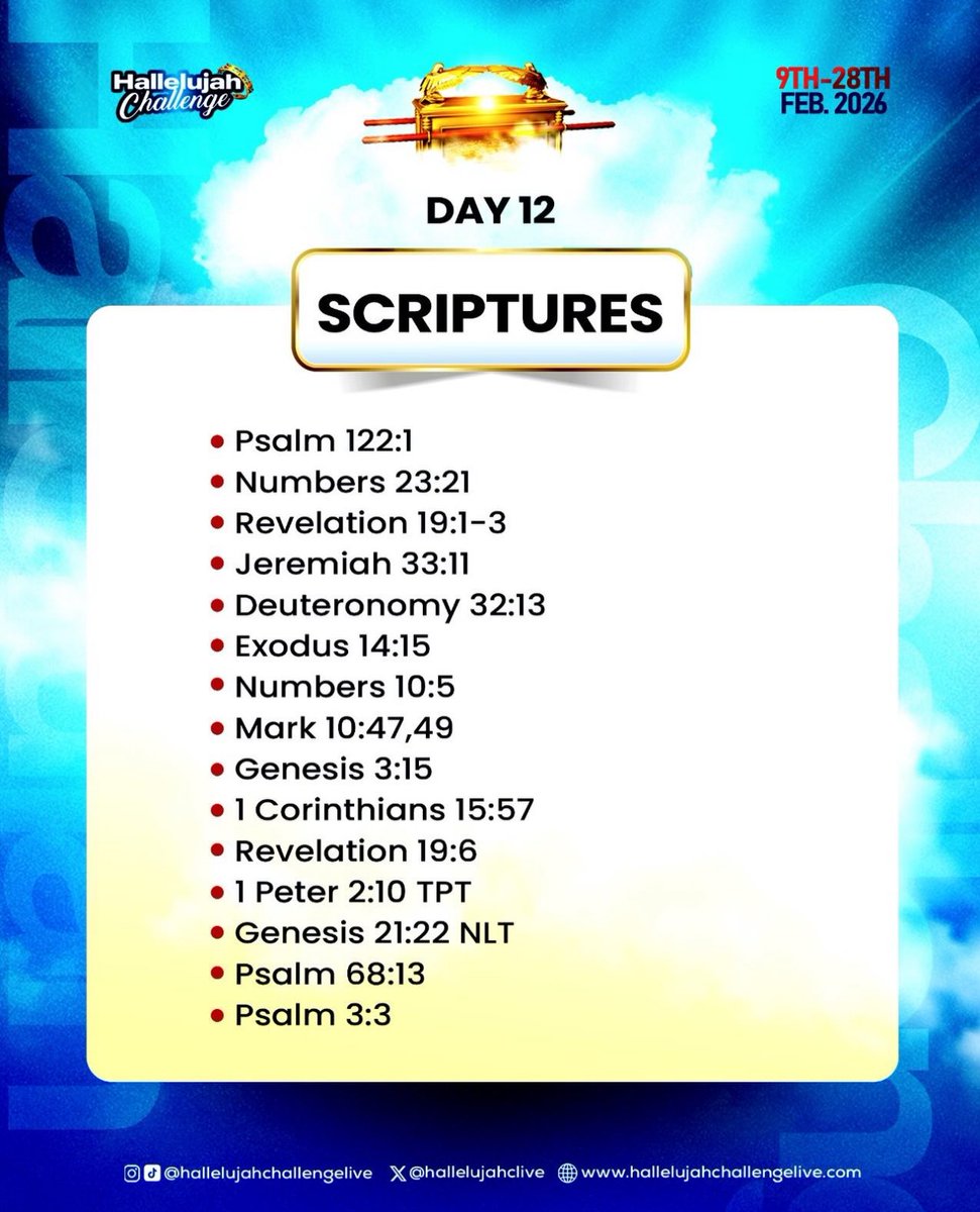 Scriptures for Day 12🔥

#HallelujahChallenge
#HallelujahChallenge2026
#HallelujahChallengeFEB2026