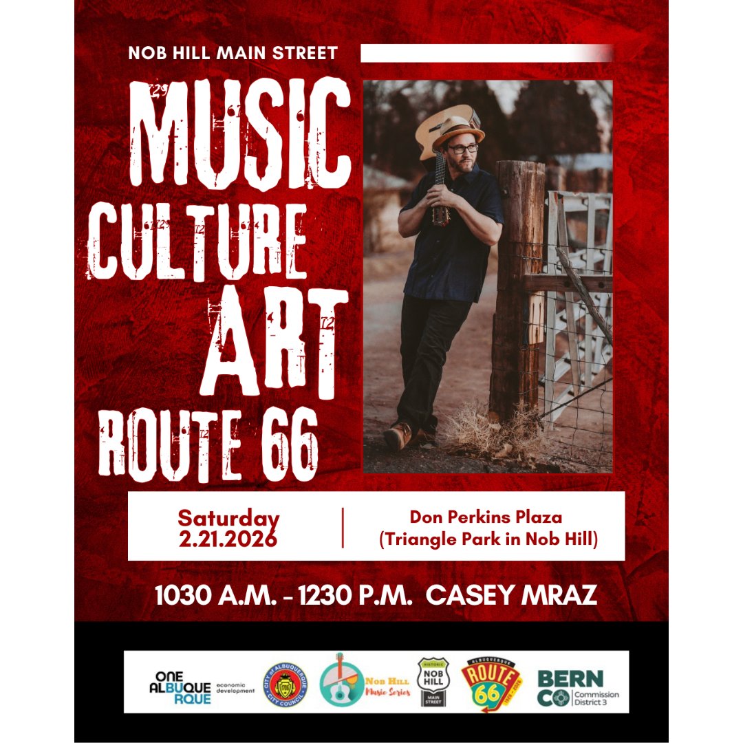abqnobhill's tweet photo. Saturday 2/21 at 1030 a.m. - Triangle Park Nob Hill.
We are excited to have Casey Mraz performing. https://t.co/nDQqut9vyT