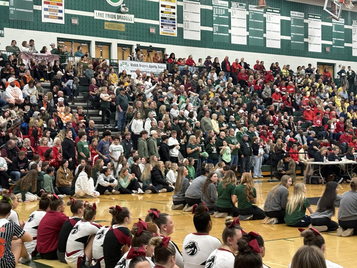 lohsathletics's tweet photo. A special night in Lake Orion. Dragon Pride all over the gym. Capped off with a district championship. Thank You Dragon Cheer Family for a great night! https://t.co/3YLVwJfYbT