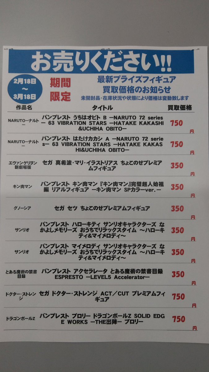 プライズフィギュア】 2/21以降の新作プライズフィギュア買取表となり
