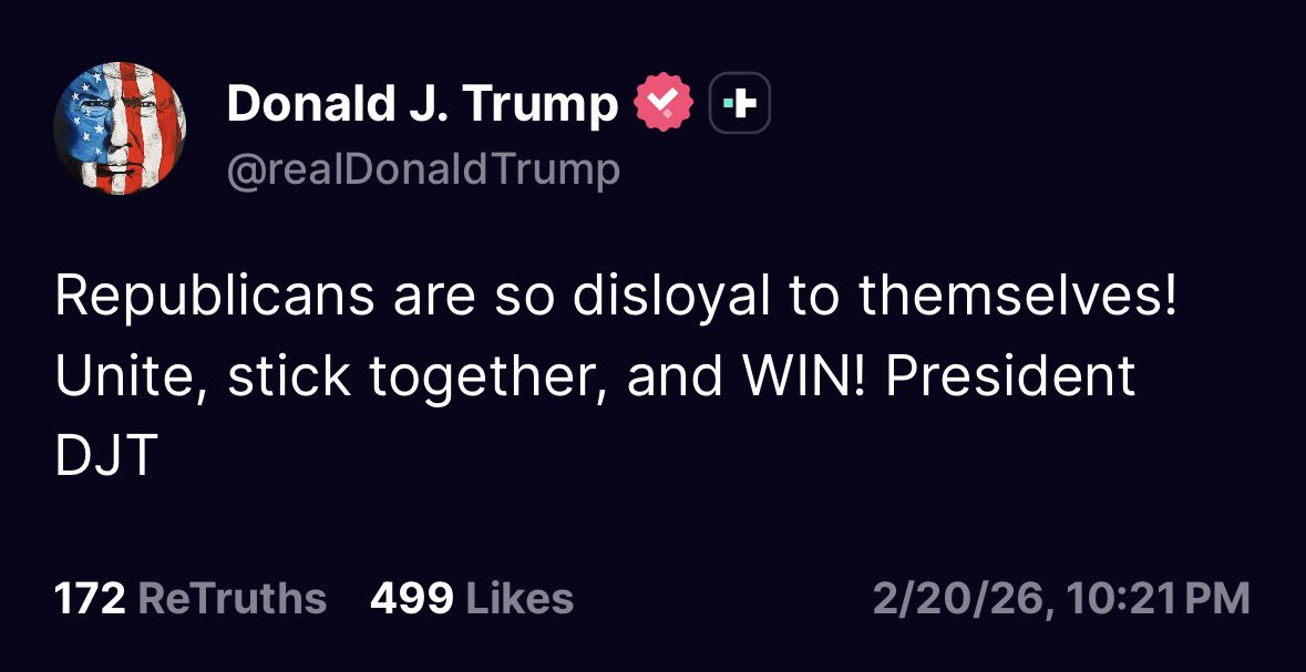 kyledcheney's tweet image. Earlier today, Trump was asked about Republicans who voted against him on tariffs and he batted down the question, saying there was great unity among Republicans except for a tiny handful. 

Tonight, he says the opposite