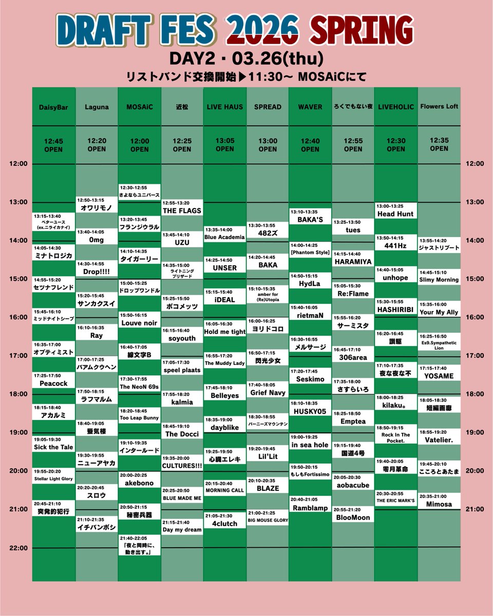 【🔥🔓タイムテーブル解禁🗝️🔥】

🗓3.25(Wed)〜26(Thu)＠下北沢10会場
（<a href="/DRAFTFES/">DRAFT FES 2026 SPRING</a>）

🗣ライアニ〜3月25日”ろくでもない夜”出演📍

⏰ OPEN 12:00/START 12:30
🎫 TICKET 1日券¥3,000 / 学割¥1,500(各+1Drink)
2日券¥5,500/ 学割 ¥2,500(各+2Drink)
チケット予約リンク先
livepocket.jp/e/04oj7