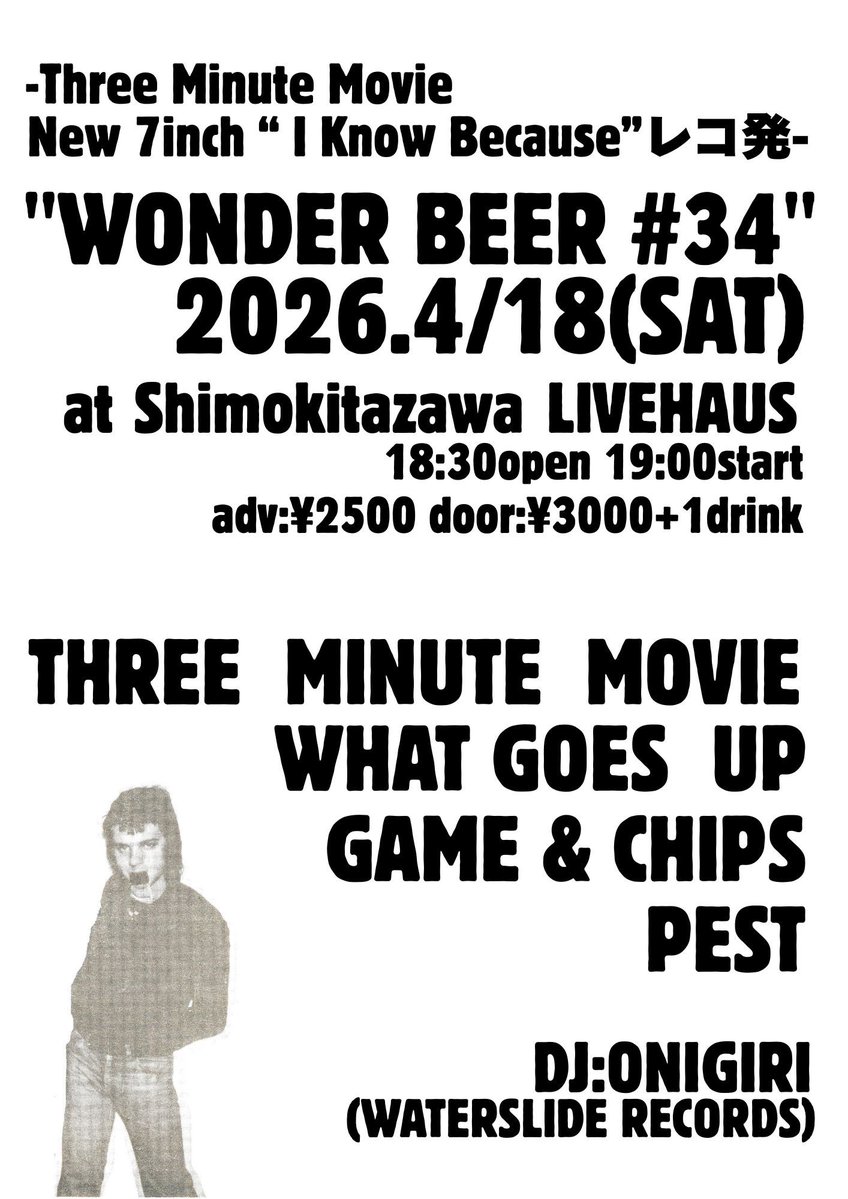 1999年より活動を続ける東京産PUNK/POWER POPバンドTHREE  MINUTE MOVIEの新作7inch 3songs epが
4月下旬に発売します。
自主レーベルWONDER RECORDSより限定200枚プレス('26)
4/18(土)下北沢LIVEHAUSにて先行発売LIVE決定！！