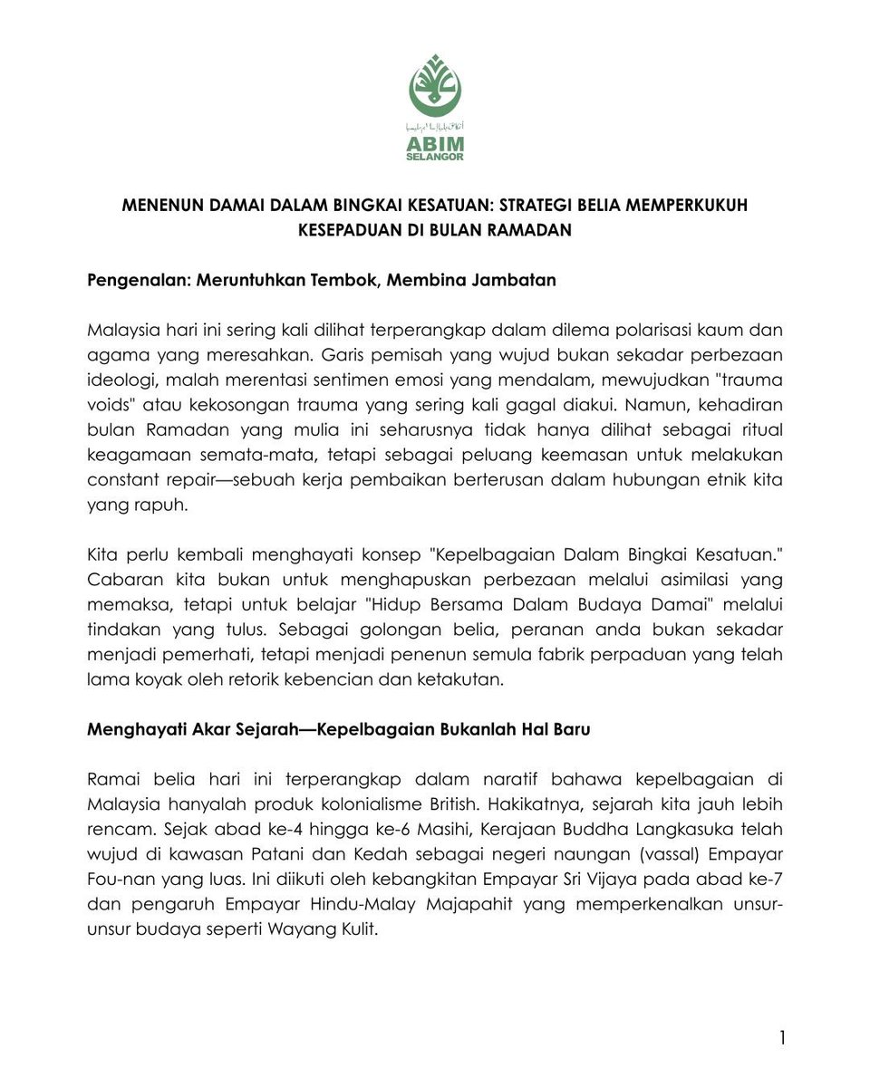 abimselangor's tweet photo. “Menenun Damai Dalam Bingkai Kesatuan: Strategi Belia Memperkukuh Kesepaduan di Bulan Ramadan”

Baca dan kongsikan, semoga Ramadan ini menjadi titik mula kepada budaya hidup bersama dalam damai. 🌙

#Ramadan #ABIMSelangor #Belia #Perpaduan #Kesatuan #MalaysiaMadani https://t.co/7iJWuAsj3s