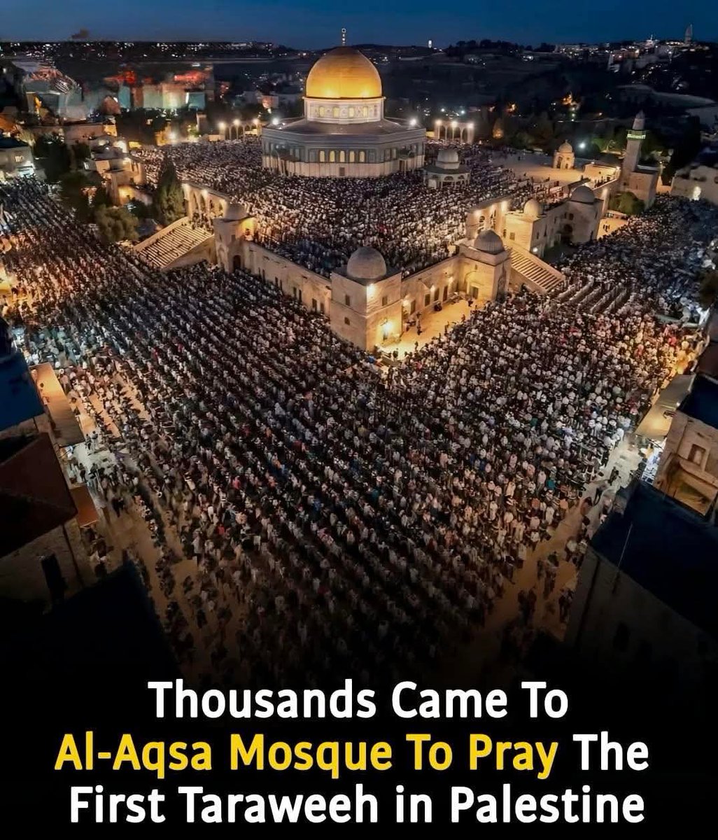 Despite hardships and restrictions, thousands of Muslims gathered to pray the first Taraweeh of Ramadan 1447 AH at Al-Aqsa Mosque, Palestine."