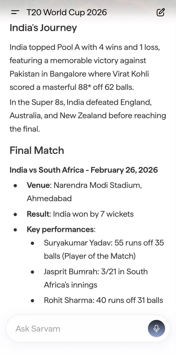 aboutbarun's tweet photo. @sirfaditya some issue in app , showing incorrect data of T20 world cup matches.  @SarvamAI pls check , Rohit sharma &amp; virat kohli not playing in 2026 . https://t.co/dugjAvWZaf