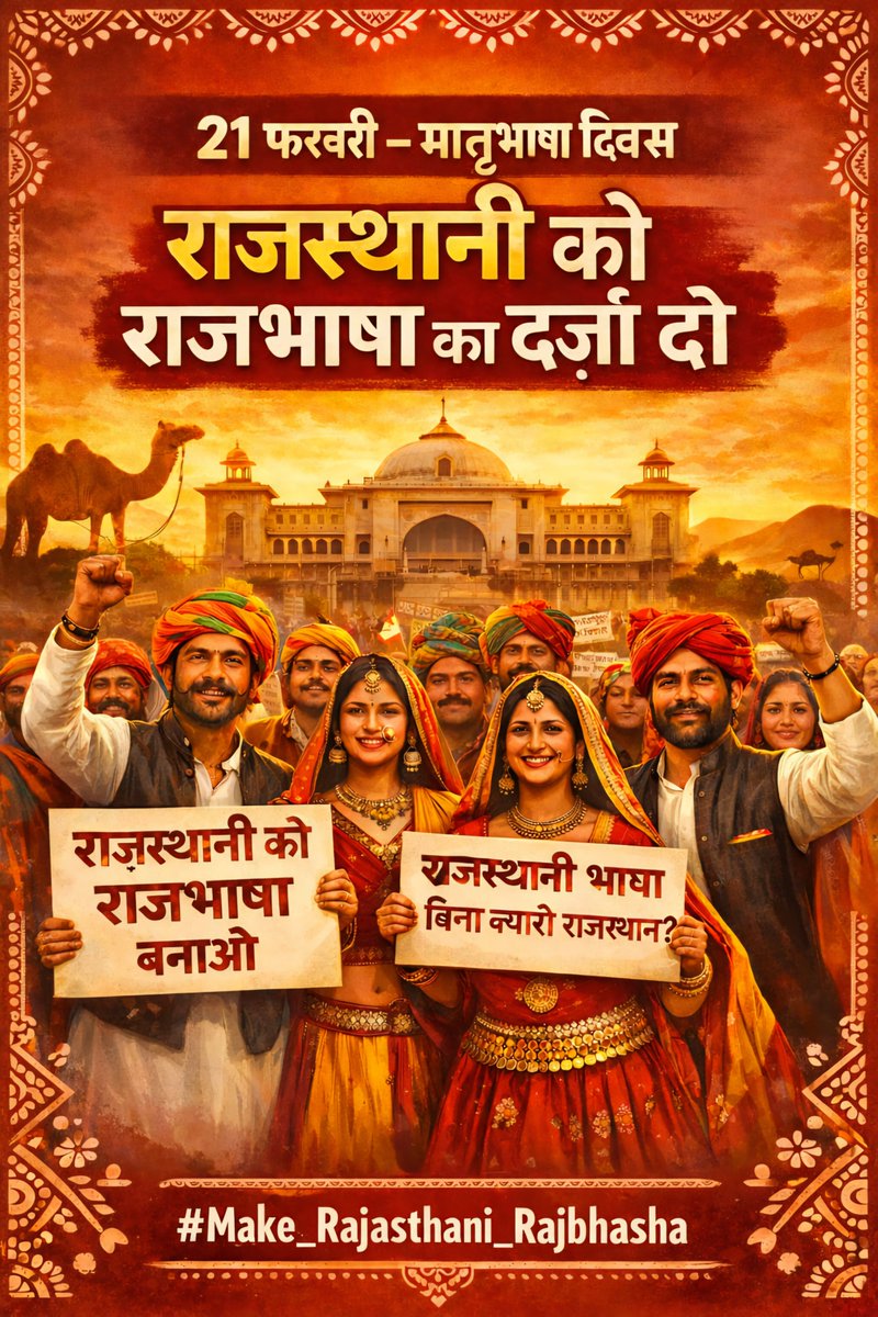 राजस्थानी भाषा नै राजभाषा बणावो
जै जै राजस्थान 🚩🚩
#Make_Rajasthani_Rajbhasha
#Make_Rajasthani_official
.<a href="/PMOIndia/">PMO India</a> .<a href="/RajGovOfficial/">Government of Rajasthan</a>