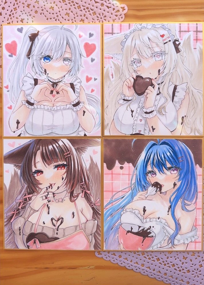 ＊BOOTHのお知らせ＊

本日BOOTHにてバレンタインミニ色紙４枚を販売します🫶💕
上２枚がオリジナル、下が赤城、ヘレナです✨

20時半〜 FANBOX支援者様先行販売、
21時〜 一般販売となります🙇‍♀️