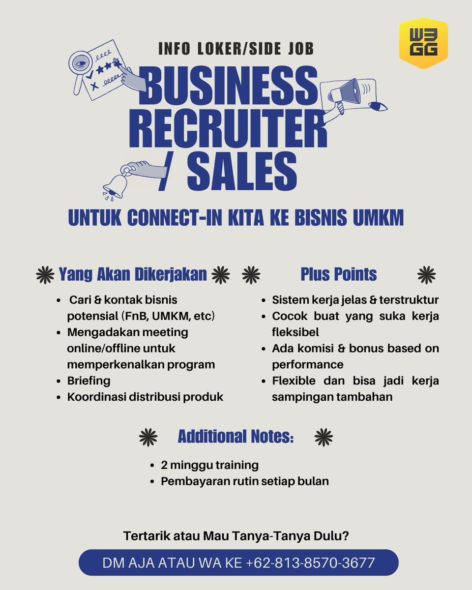 0xAngelbeast's tweet photo. Info loker buat kamu yang lagi gabut dan mau income tambahan di daerah Jakarta, Tangerang, Jawa Tengah, Bali, dan Surabaya.

W3GG Indonesia lagi butuh kamu nih untuk posisi crew delivery, data uploader, dan business recruiter/sales. 

Cek langsung posternya ya! Atau ke https://t.co/3lhudjgkeE