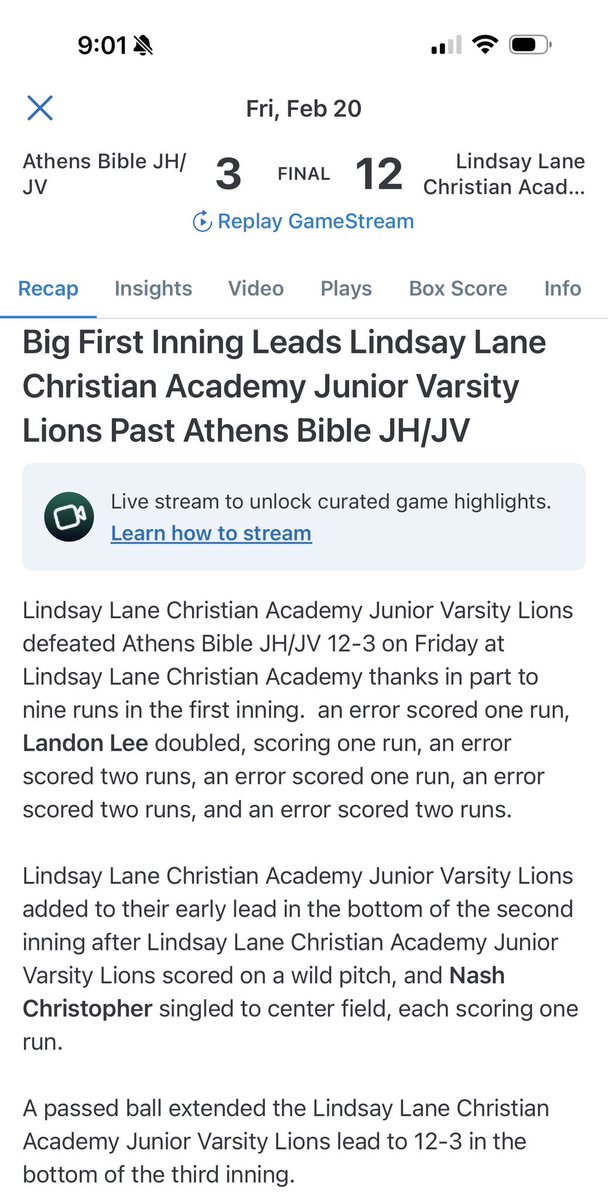 Started opening day with a big win with middle school team. Got a double, walk, hit by pitch and then started on JV with a double and 2 walks. LLCA big wins at varsity, jv, and ms tonight