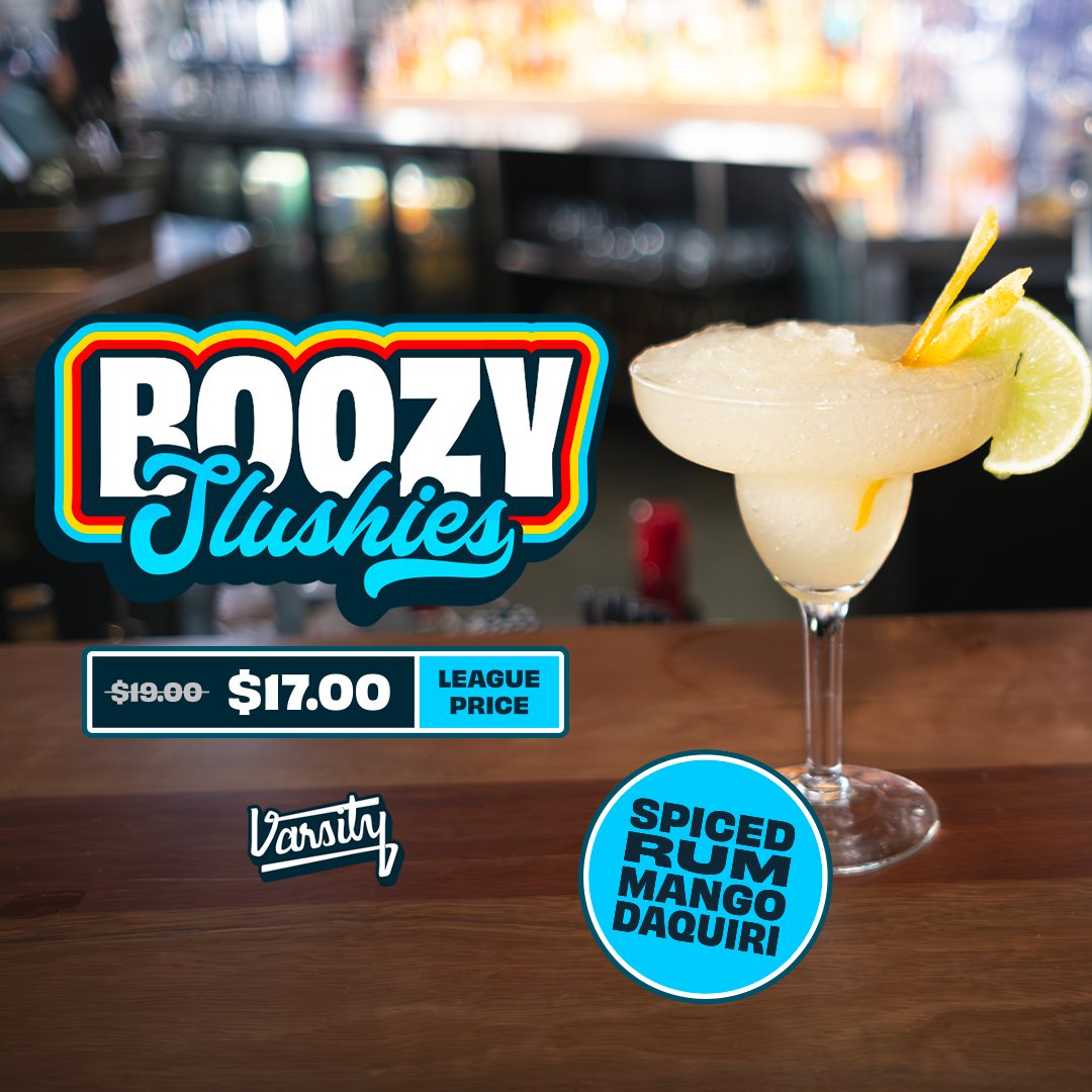 varsity_au's tweet image. One week left to beat the heat with our Spiced Rum Mango Daiquiri Boozy Slushy ❄️🥭

#Boozy #slushy #daiquiri
