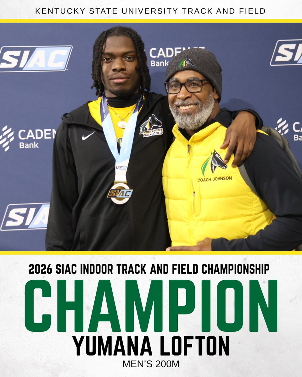 KYSUAthletics's tweet photo. ITF | NEW MEET RECORD! 

With a 21.30 in the men's 200-meter, Yumana Lofton not only won the title but also set the new SIAC Indoor Track and Field meet record.

#KSUTrackandFIeld https://t.co/gZ5FGXeTrA