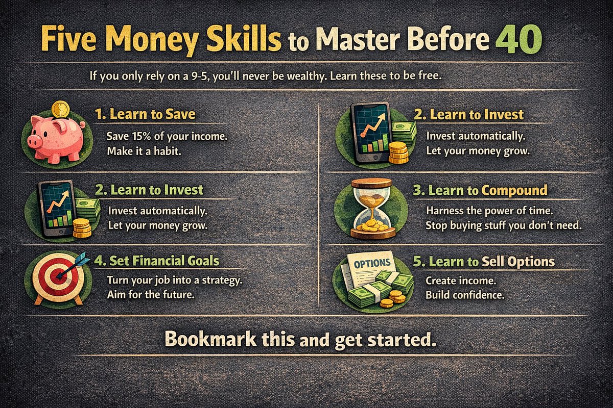 If you don’t know how to make money outside a 9-5, you’ll never be wealthy.

If being wealthy isn’t your goal, maybe financial independence is.

Either way, these skills will change your life.

Here are five money skills worth learning before 40.

1️⃣ Learn to save
Save at least