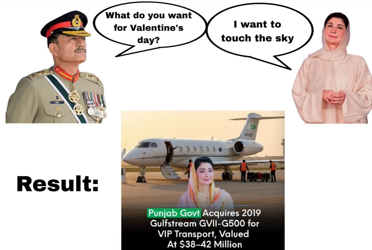 azeema_1's tweet image. Asim Munir has gifted a private jet to Maryam Nawaz. 
 #AsimMaryamlove #ImranKhanNeedsProperCare #PakEconomicRegression 
#FighterFieldMarshal @arifaajakia @FrontalForce @alpha_defense @fhzadran @gauravcsawant @LtColAnilDuhoon @RealWahidaAFG