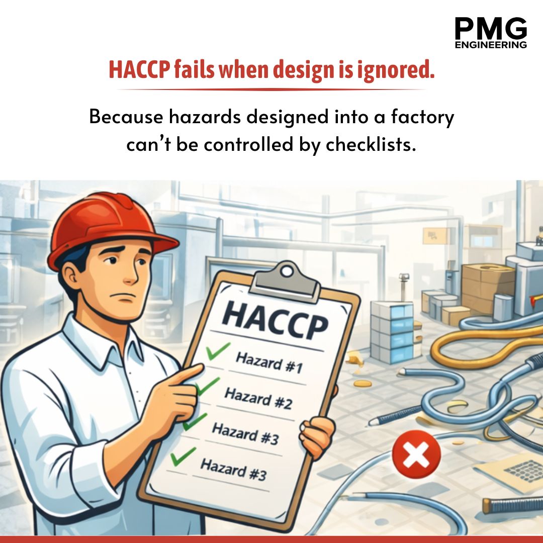 pmg_engineering's tweet photo. HACCP fails when design is ignored.

Because hazards built into a factory cannot be fixed with SOPs, audits, or checklists later.

Food safety is not only an operations responsibility, but also an engineering responsibility from Day 1.

When facility design is weak, you create risks like:
❌ Cross-contamination between raw and finished zones
❌ Poor personnel & material flow leading to hygiene breaches
❌ Inaccessible equipment causing ineffective cleaning (CIP/COP failures)
❌ Improper drainage, ventilation, or zoning that supports microbial growth
❌ Maintenance interventions inside production areas increasing contamination risk
No matter how strong your HACCP plan is, it cannot compensate for structural flaws.
Good design = Prevented hazards
Bad design = permanent risks
The safest factories are not the ones with the most paperwork — they are the ones engineered correctly from the beginning.
Engineering decisions determine food safety outcomes.

#FoodSafety #HACCP #FoodIndustry #FoodProcessing #FactoryDesign #FoodEngineering #QualityAssurance #Manufacturing #PMGEngineering