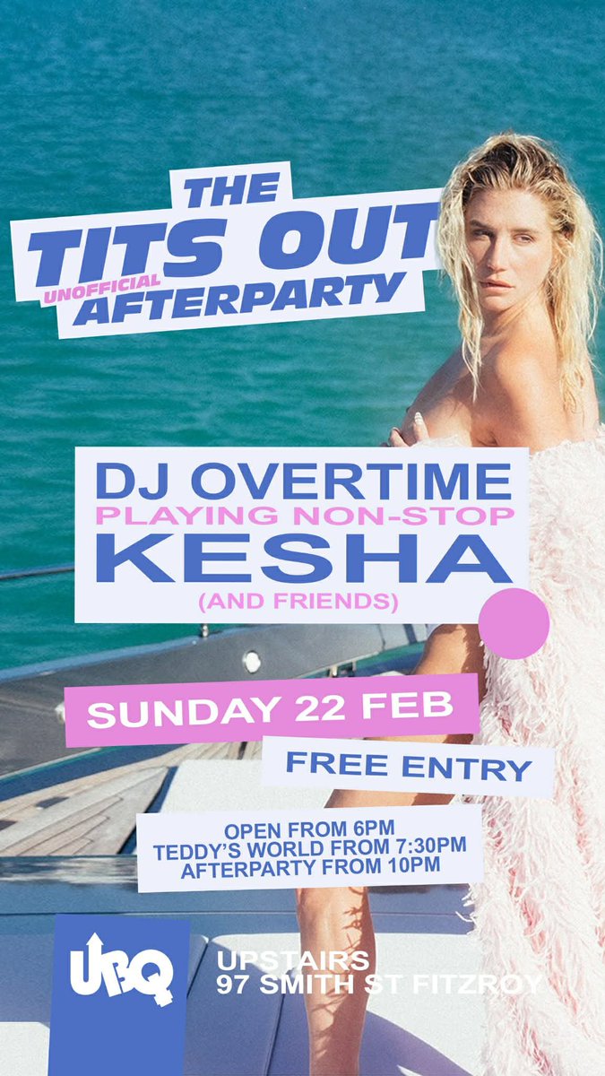 owen_minogue's tweet photo. Estimated set times for @KeshaRose at JCA Melbourne:
Support: 6:50pm
Kesha: 8pm
Ends: 10pm
So that gives us time to get our cute butts down to UBQ for the #TOTOUR Afterparty*
*Kesha is not involved in the party However Kesha… you’re more than welcome to join us 🫶🏻
@TeamKeshaAUS https://t.co/wLyJBqaVd8