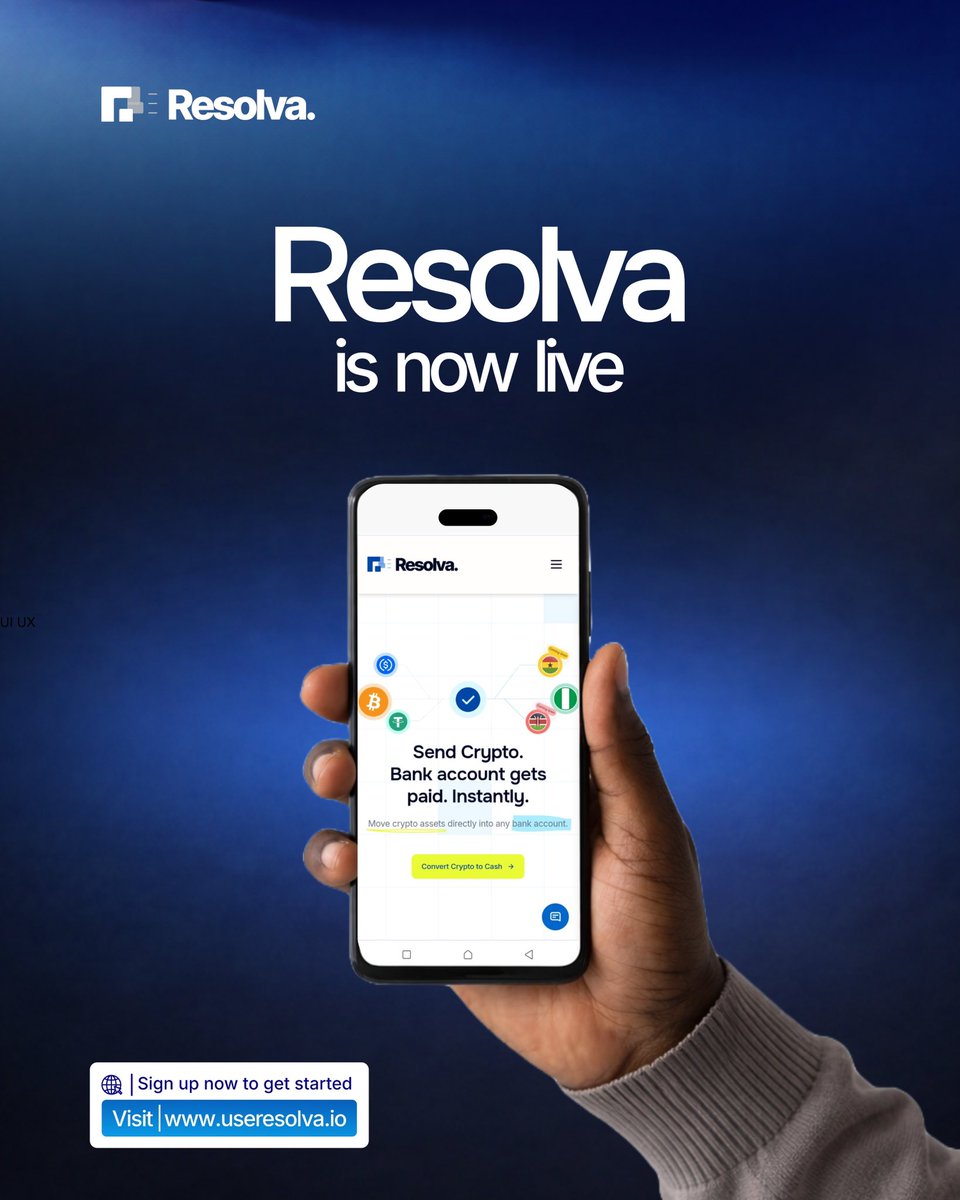 Resolva is now LIVE 🚀

Your crypto is no longer stuck.
Send crypto → Get Naira in any bank account. Instantly. 💳⚡

Spend it. Send it. Convert it.

Sign up now 👉 useresolva.io

#CryptoNigeria #CryptoToNaira #Web3Africa #CryptoPayments #BlockchainNigeria