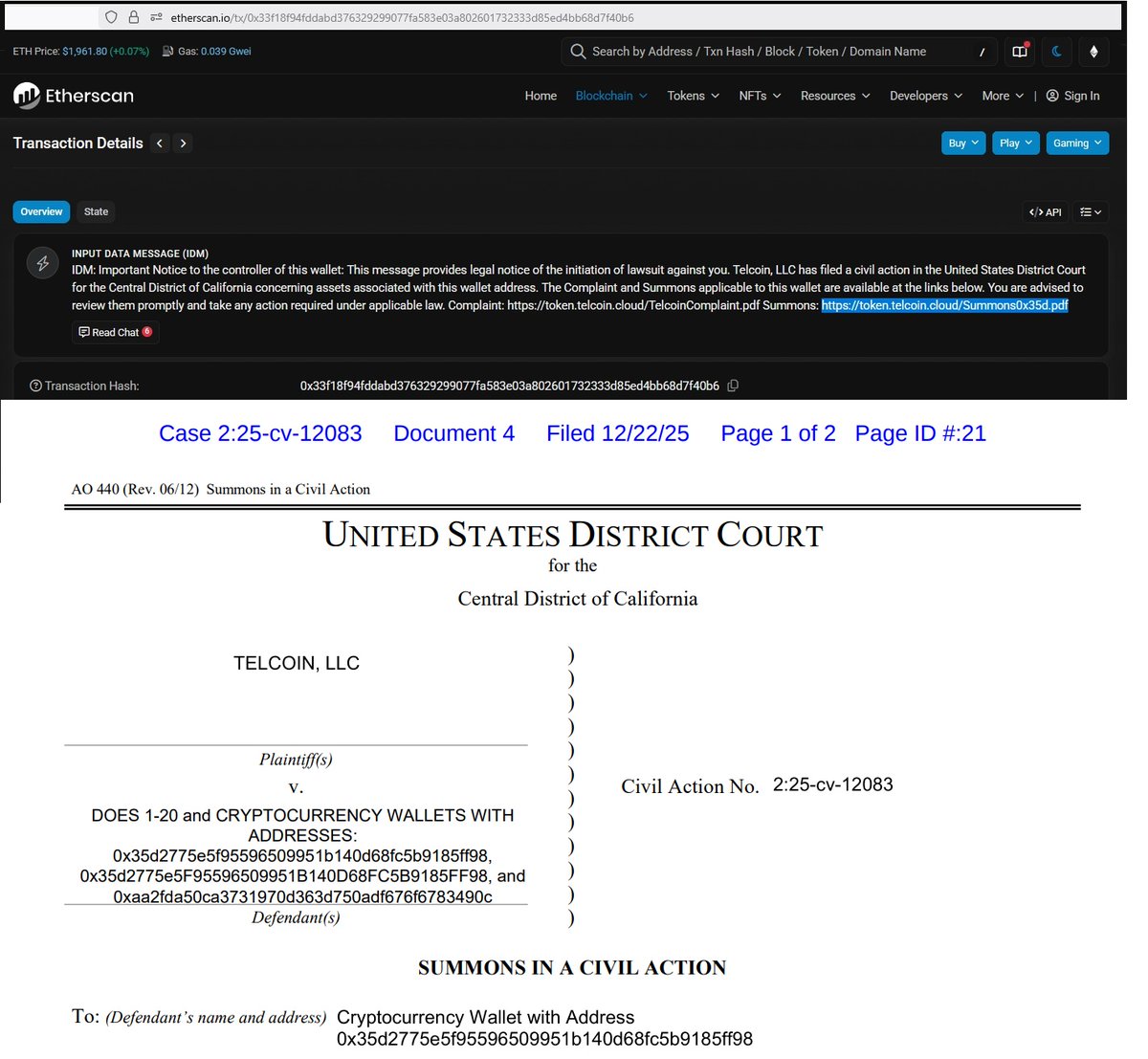 Telcoin embedded a legal notice directly into an Ethereum transaction to serve the alleged hacker.

Instead of traditional service, they’ve asked a federal court to approve on-chain delivery of the summons to the wallets holding the stolen funds.

#Telcoin #Telfam $TEL #crypto