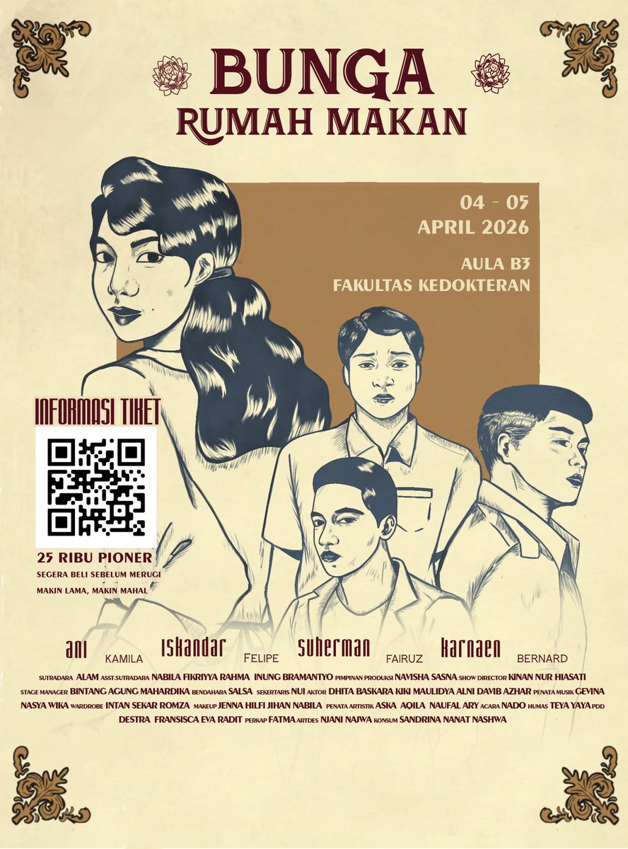 Halo sobat budaya👋🏻

Kami Teater Hampa Indonesia
mempersembahkan
“BUNGA RUMAH MAKAN”
Pentas Perdana 2026

Scan QR pada poster atau hubungi kontak yang tersedia untuk pemesanan tiket atau kunjungi pranala di bawah ini👇🏼
bit.ly/BUNGARUMAHMAKAN