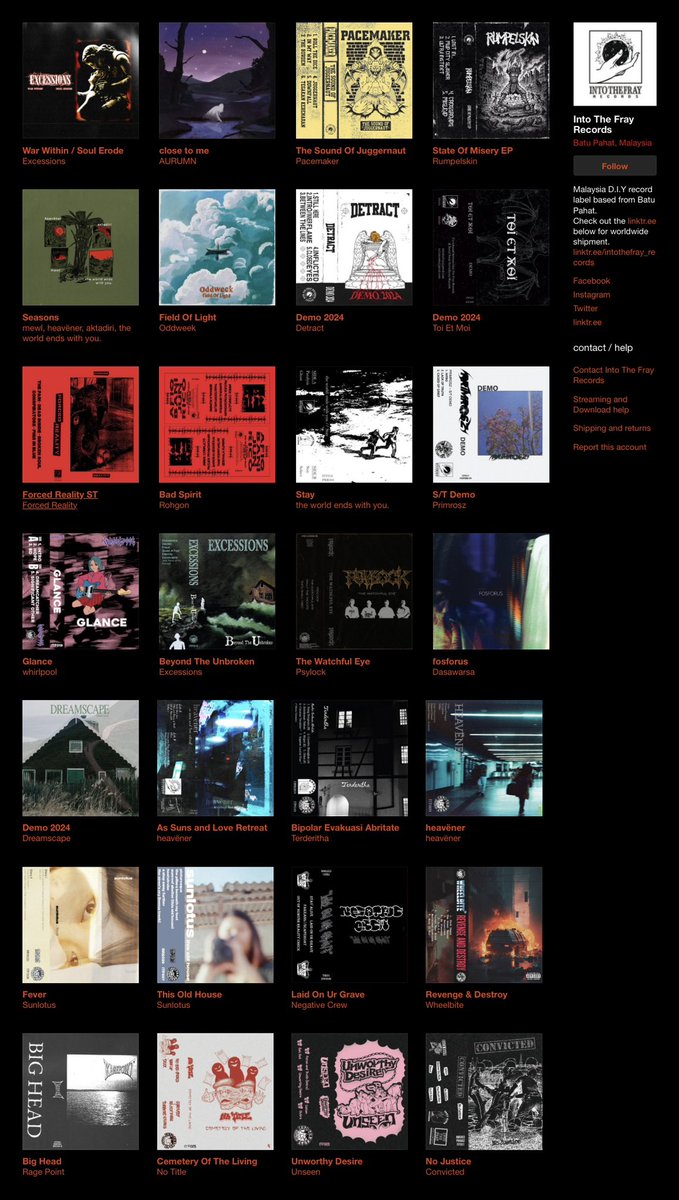28 releases for this past 3 years. gonna try to put my commitment on this for another year maybe. 
coming soon is Bubbler (USA) &amp; heavëner (MY) split EP cassettes.
intothefrayrecords.bandcamp.com