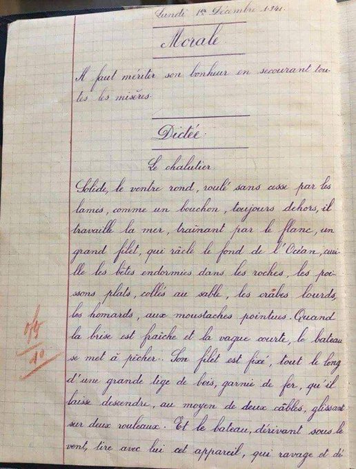 L'ÉCOLE FRANÇAISE D'AUTREFOIS ✍️🇫🇷
Voici le cahier, daté du 1er décembre 1941, d'un élève d'école communale. 
L'écriture et l'orthographe étaient parfaites (10/10).🤩
Qu'est devenue cette recherche de la perfection en 2026 ?