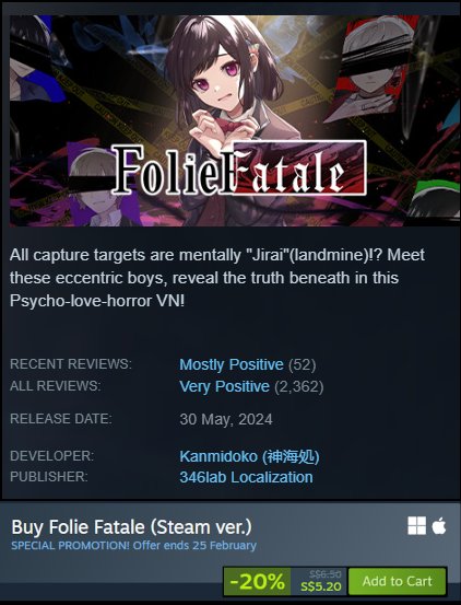 While we wait patiently for the fan patch, The Folie Fatale game is currently on 20% sale on steam!!