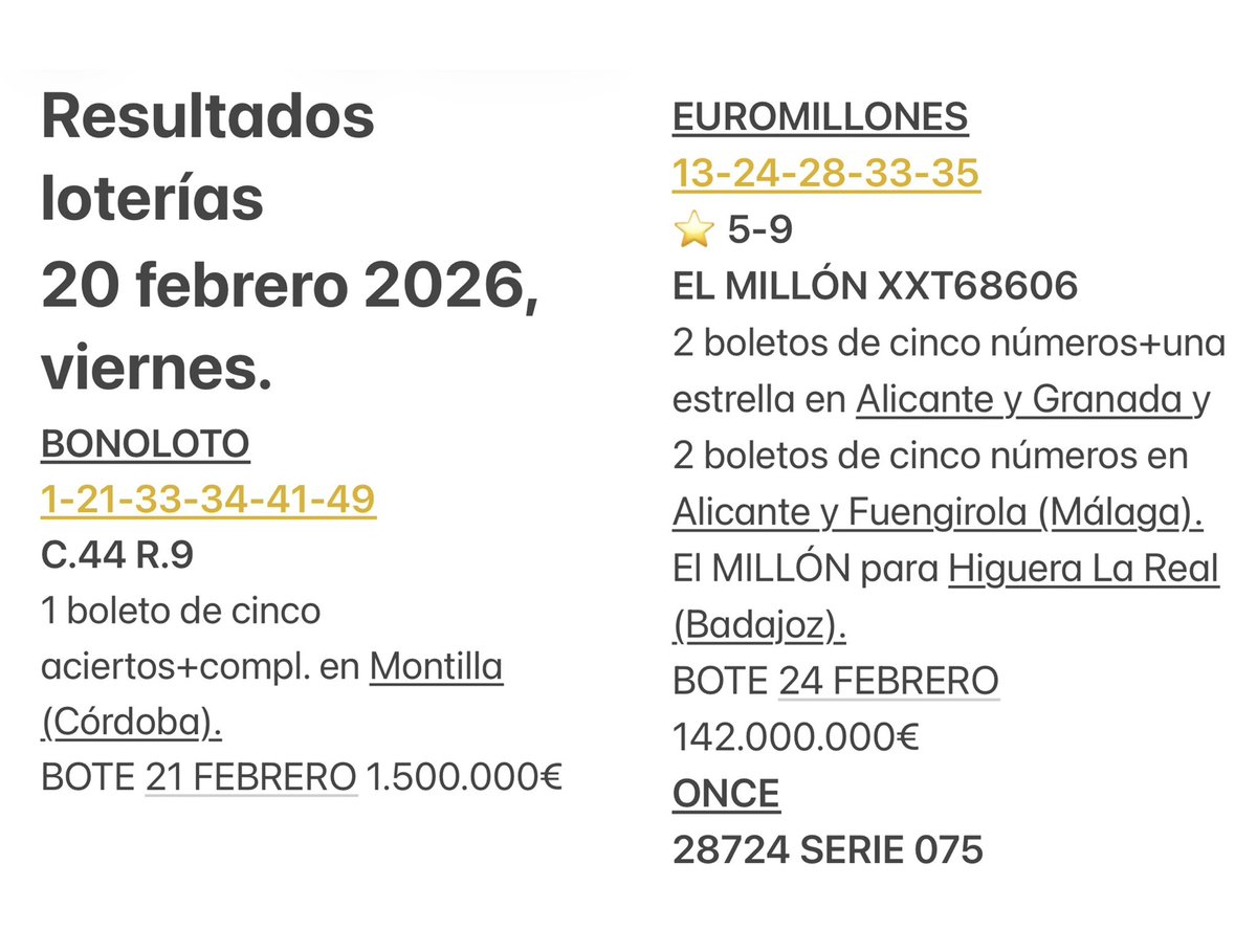 Feliz y afortunado sábado.
Resultados loterías 20 febrero 2026, viernes.