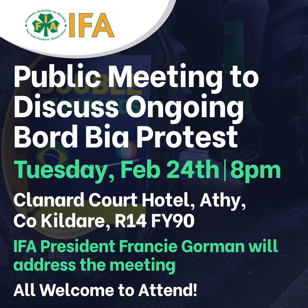 IFA will hold a public meeting in Athy, Co Kildare on Tuesday night, Feb 24th at 8pm, to discuss the ongoing controversy about Bord Bia. All welcome to attend. #DoubleStandards #RestoreConfidence