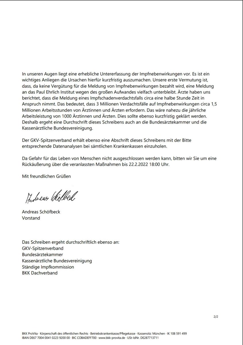 Heute vor 4 Jahren:
Der Vorstand der Krankenkasse BKK Provita Andreas Schöfbeck schreibt einen offenen Brief an das PEI und warnt vor möglicher massiver Untererfassung von Impfnebenwirkungen nach Analyse der eigenen Daten.  

Er verliert bald darauf seinen Vorstandsposten.