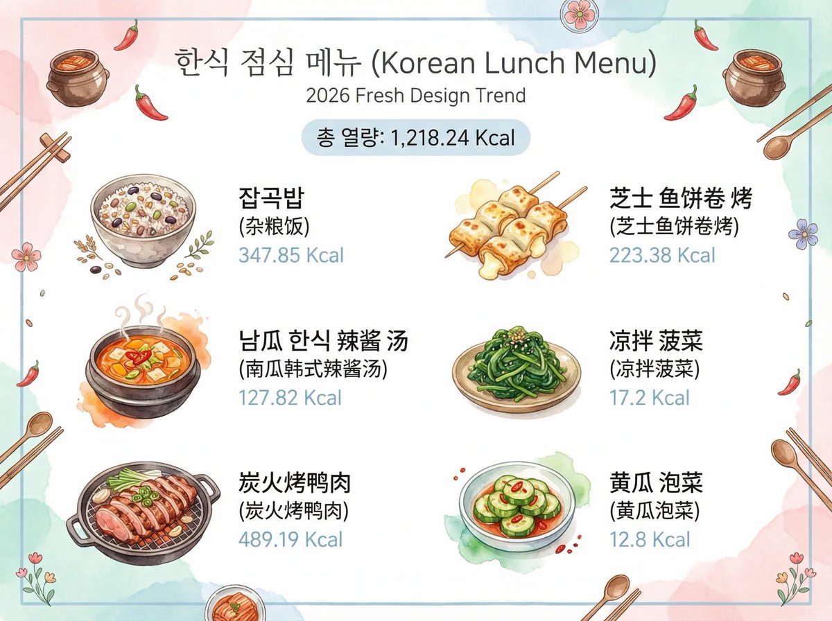 兔兔的萌萌食光🐰✨

🌙 晚餐

🍚 杂粮饭 347.85 Kcal
🎃 南瓜韩式辣酱汤 127.82 Kcal
🦆 炭火烤鸭肉 489.19 Kcal
🧀 芝士鱼饼卷烤 223.38 Kcal
🥬 凉拌菠菜 17.2 Kcal
🥒 黄瓜泡菜 12.8 Kcal
总热量 1,218.24 Kcal

#토토의몽몽식시간 
#DOYOUNG #도영