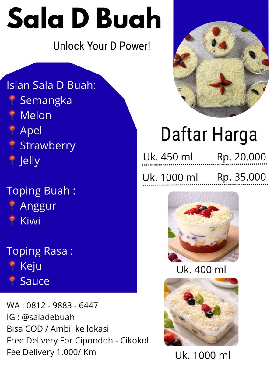 rrmahen's tweet photo. Halo guys! ✨ Buka puasa nanti mau yang seger tapi tetep sehat? Sala D Buah solusinya! 🍓🥭
​✅ Ready kirim ke depan pintu rumahmu
✅ FREE ONGKIR buat kamu yang di Cipondoh &amp; Cikokol!
​Langsung DM buat order ya, jangan sampai kehabisan! #zonaba #zonajajan https://t.co/0gQMOnhTs2