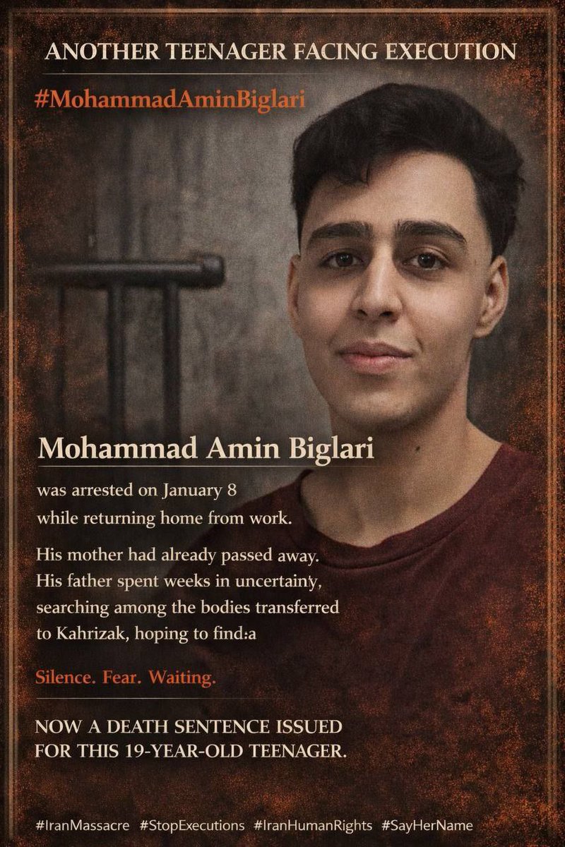 19-year-old #MohammadaminBiglari has been sentenced to death after being denied his fundamental right to legal defense and access to his lawyer. He is just 19 years old. Be his VOICE. Don’t let his name be forgotten.
#StopExecutionsInIran
#IranMassacre