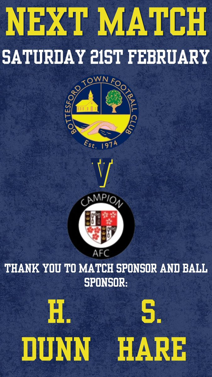 It’s matchday at Barrett Steel Stadium as Bottesford Town take on Campion this afternoon.

🕒 3:00PM kick-off

🎟️ SUFC season ticket holders – £5 entry.

🤝 Match Sponsor: S. Hare
⚽ Match Ball Sponsor: H. Dunn

£7 Adults | £4 Concessions | U16s FREE