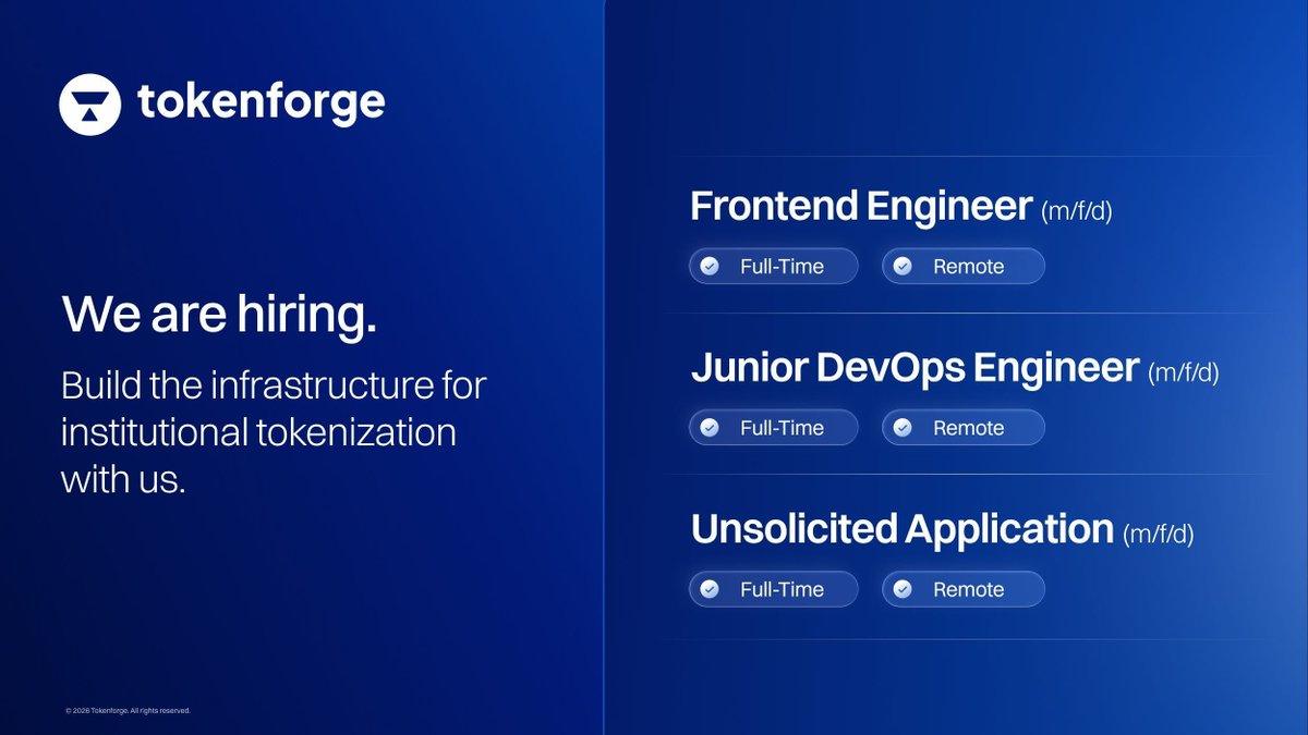 You live and breathe #tokenization. You want to build tomorrow's capital markets. We're looking for you. Remote. Full-time. 🫵 
Apply now: tokenforge.io/careers