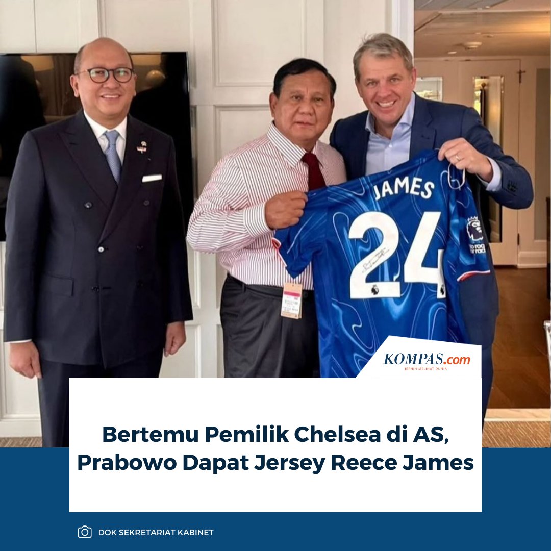 kompascom's tweet image. Presiden Prabowo Subianto mendapatkan jersey pemain Chelsea, Reece James dari CEO Eldridge Industries yang juga pemilik klub Liga Inggris Chelsea Todd L. Boehly, saat bertemu di Washington DC, Amerika Serikat (AS), Jumat (20/2/2026)

Baca selengkapnya: nasional.kompas.com/read/2026/02/2….