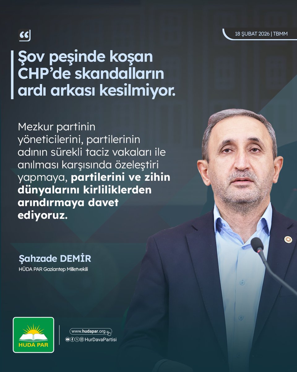 Gaziantep Milletvekilimiz Şahzade Demir:

"CHP’de skandalların ardı arkası kesilmiyor.

Mezkur partinin yöneticilerini, partilerinin adının sürekli taciz vakaları ile anılması karşısında özeleştiri yapmaya, partilerini ve zihin dünyalarını arındırmaya davet ediyoruz."
