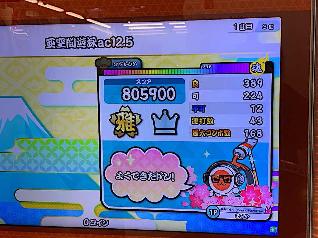 【リザルト画面】
何でこんな精度の問われる譜面を難しくしたんだ…と思わざるを得ない「亜空間遊泳」。