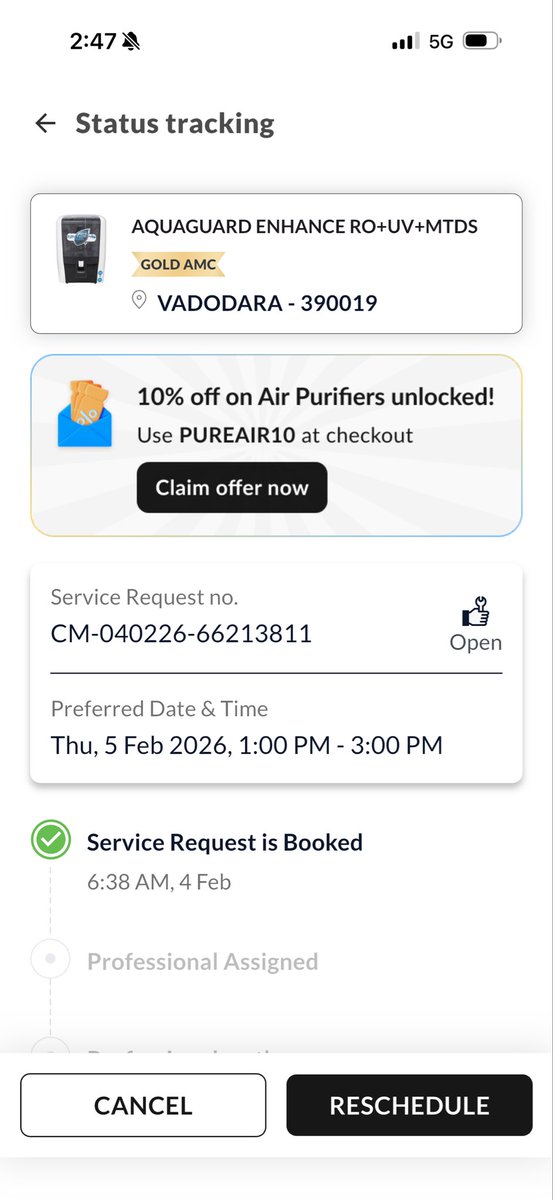 rajnitin_iaf's tweet photo. @EurekaForbes Please get some accountability into your systems. Complaint booked on 4 Feb and no one has bothered to attend till now. This is after several calls to helpline as well as local office/ repair guy. Also, I have a two year AMC. What’s the point. https://t.co/FzsLCwYNFK