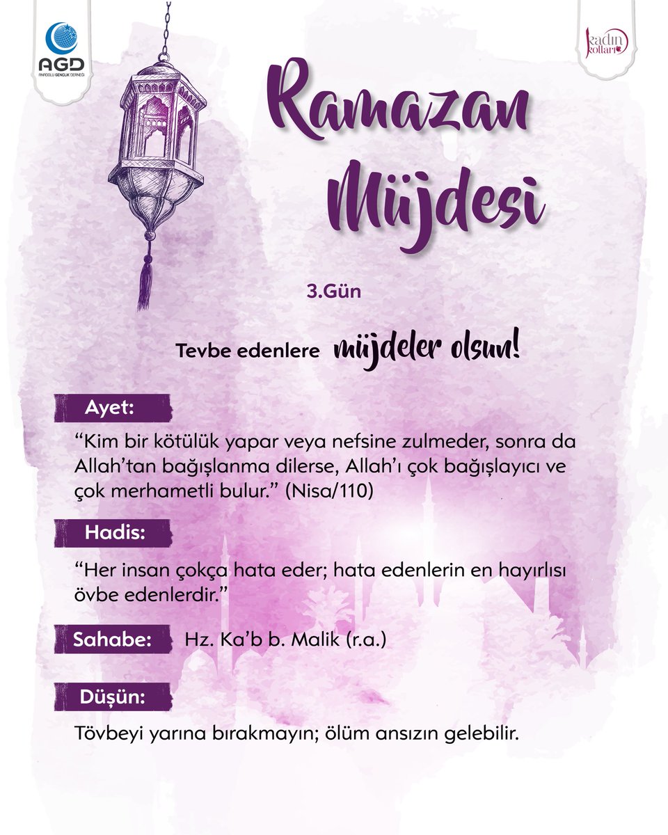Ramazan Müjdesi | 3. Gün 🌙

Tevbe edenlere müjdeler olsun!🤍