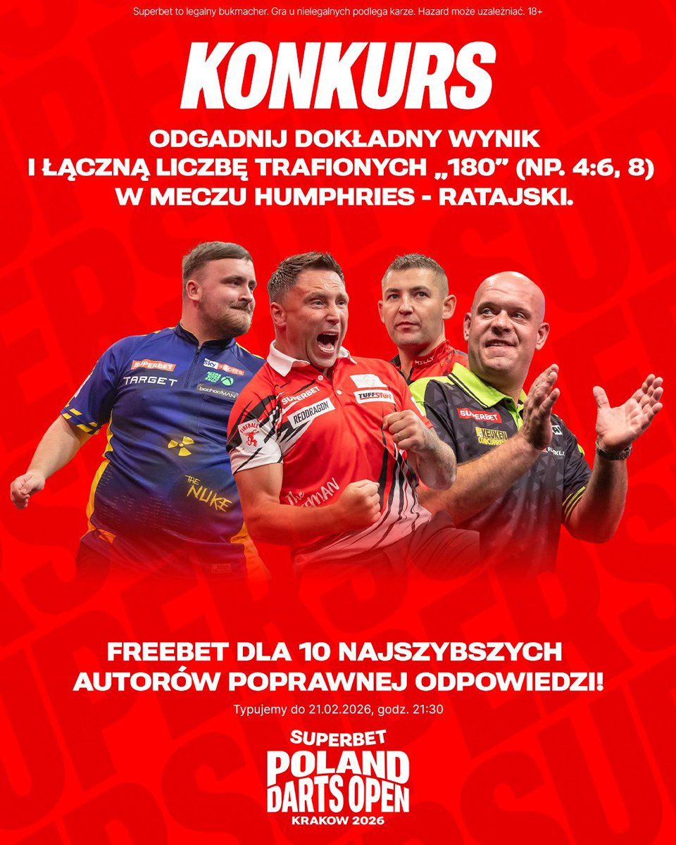#KONKURS W komentarzach odgadnij dokładny wynik i łączną liczbę trafionych "180" w meczu Humphries - Ratajski 🎯#rzutkitarczarodzina #łączynasdart 
---
✅ Zaobserwuj <a href="/SuperbetPL/">Superbet</a>
❤️ Polub wpis i 🔄 podaj go dalej 
👤 Dodaj nick z Superbet 
🎁 Nagroda = FREEBET 50 PLN 
Regulamin: