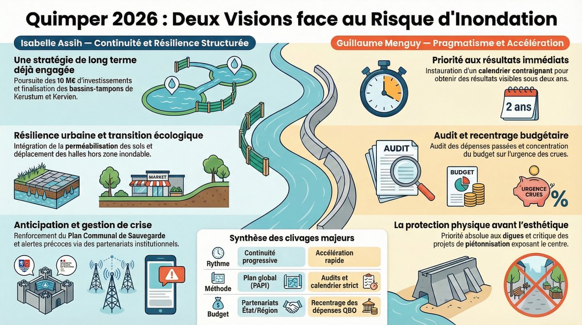 Inondations à Quimper :
continuité résiliente ou accélération pragmatique ?
Deux visions face aux crues de l’Odet et du Steïr.
Le clivage porte moins sur le diagnostic que sur le rythme et la méthode.
#Quimper2026 #Municipales #Inondations #Odet #Quimper