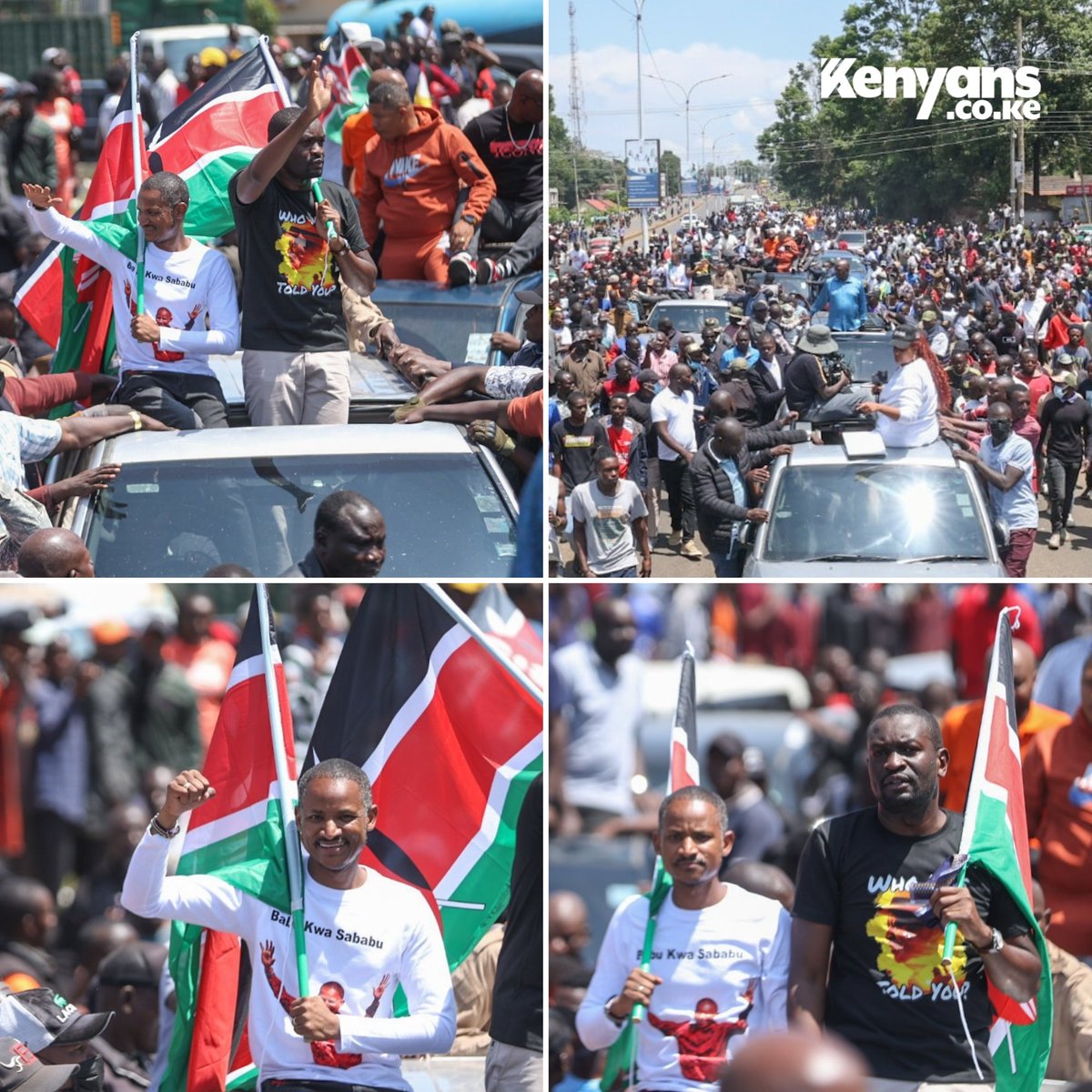 Babu Owino and Edwin Sifuna in a procession with supporters in Kakamega for their Linda Mwananchi tour