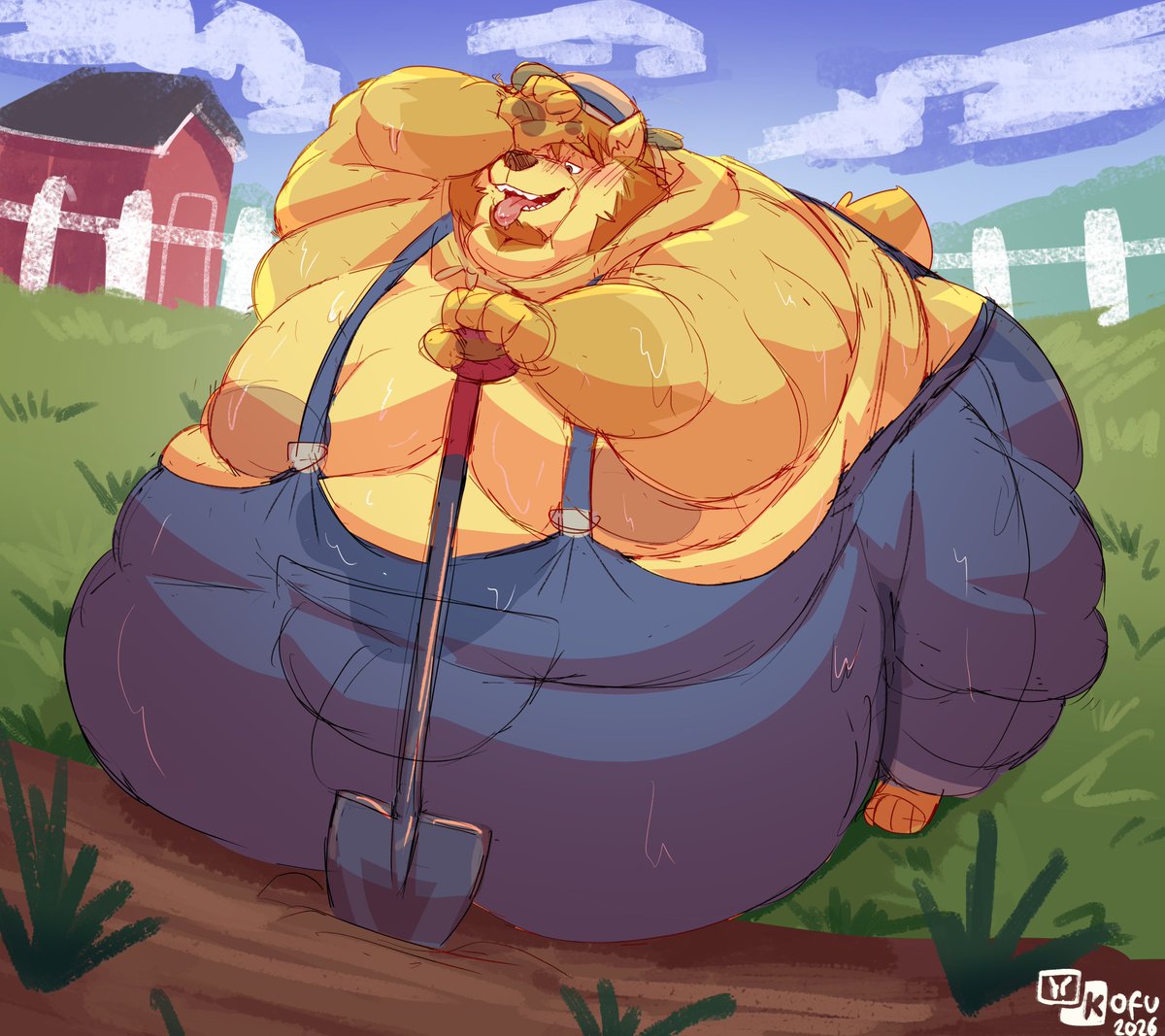 Tending crops all day really makes a farmer sweat… and nothing works up Kurtis' appetite like carrying that much heft around~

Sketchmission done by the amazing <a href="/IIIchubbyBear/">🐻🍔 Kofu Howlfy 🍔🐻</a> , thank you so much, I love it!🧡😼