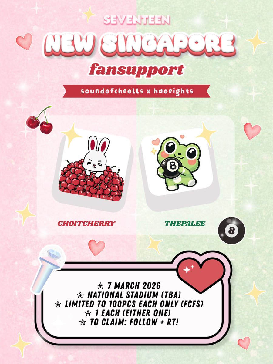 fansupport for svt new in sg 🇸🇬
by <a href="/soundofcheolls/">cel ◡̈</a> &amp; <a href="/haoeights/">yi 💎</a> ‧₊˚💎✩ ₊˚

🗓️ 7 march 2026 
📍 national stadium
⏰ tba (will update on actual day) 

see you guys there!!

#SCOUPS #에스쿱스 #THE8 #디에잇 
#SEVENTEEN #세븐틴 #SVTINSG #SVT_TOUR_NEW_IN_SINGAPORE #NEW_SINGAPORE