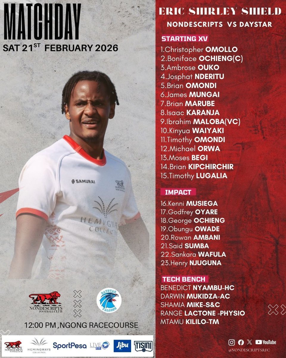 Nondies's tweet image. Saturday is a rugby day!
Here's how our #ESS squad will line up against @DUFalconsRugby for the second of 4 matches happening at the Ngong' Race Course.
Kick-off at 12pm
Gates open at 9am
🎟️ Entry: 500/-
🚗 Tailgate: 7500/-
#NondiesRugby #WeAreRangers