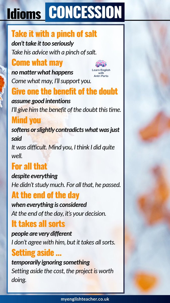 MyLinguaAcademy's tweet photo. Not everything is black and white — and English reflects that beautifully 😉
If you want to sound more natural (and more persuasive) in discussions and essays, you need idiomatic expressions for concession. 
#learnenglish #ESL #EFL #B2First #C1Advanced #MyLinguaAcademy https://t.co/HOWgloIZ2u