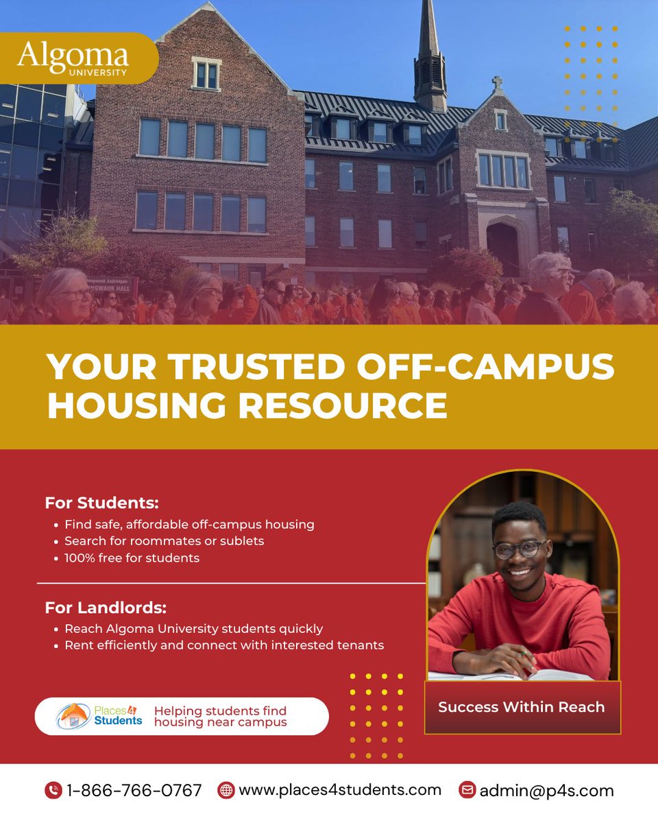 Need off-campus housing near Algoma University? 🏡
Students &amp; landlords connect fast with Places4Students , 100% free!

#AlgomaUniversity #StudentHousing #OffCampusLiving #Places4Students